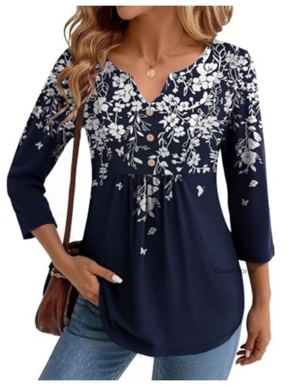 Women's 3/4 Sleeve V-Neck Pleated T-Shirt Dressy Casual Top
